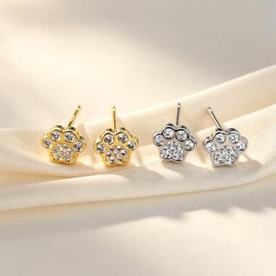 Cute Cat & Dog Paw Rhinestone Stud Earrings - Korean & Japanese Style Cartoon Mini Design