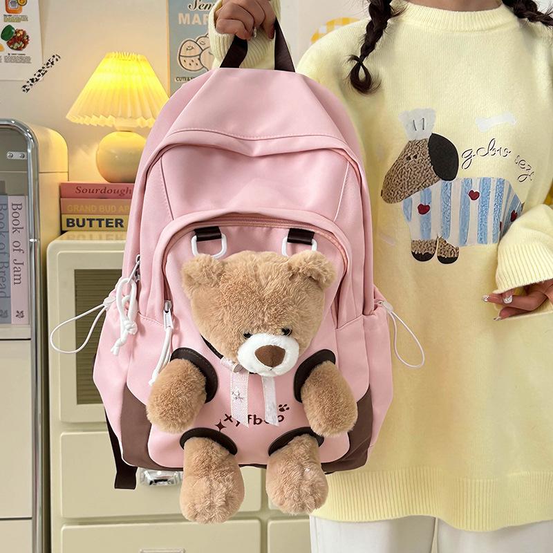 Boneca de urso feia fofa engraçada mochila versátil para estudante do ensino fundamental alto valor desenho animado fofa menina mochila de viagem