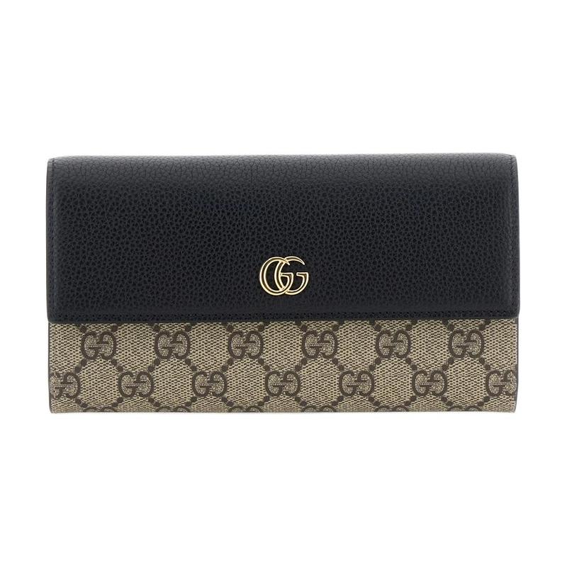 Gucci GG Marmont Brand Logo Print, Compact Continental Style Archival Double G Logo, Leather and GG Supreme Canvas Wallet, Women's, Brown and Black