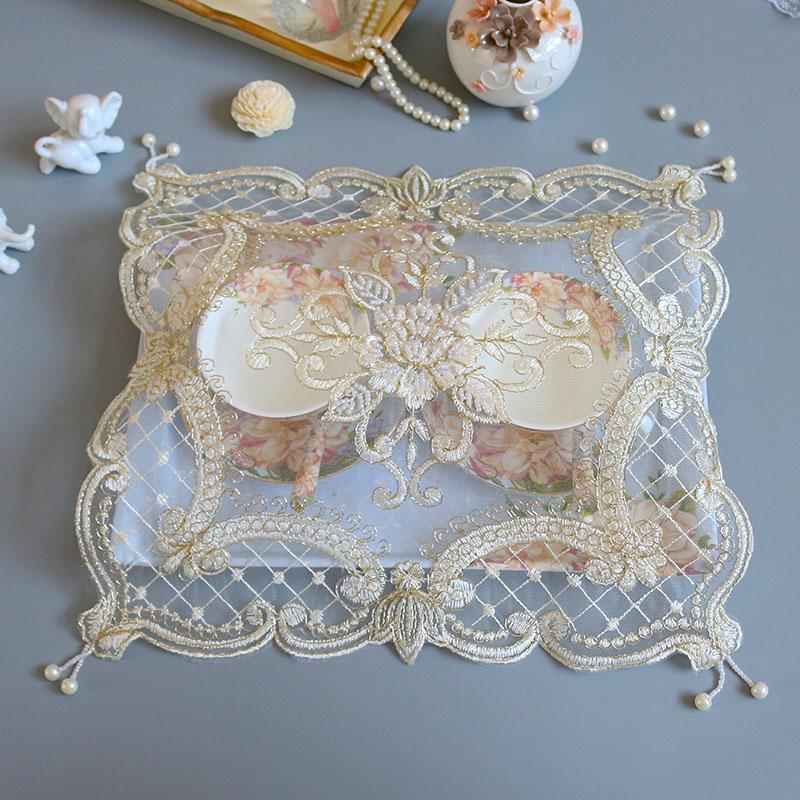 European Square Lace Sequins Embroidered Bead Pendant Premium Placemat Coaster Food Snack Bedroom Balcony Coffee Party Dining Table Pad