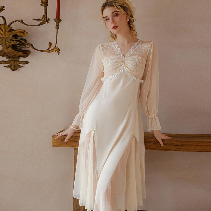 Women Sexy Sleepshirts Lace Patchwork Mesh V-neck Dress Nightgowns Porn Translucent Long Lounge Comfortable Clothing