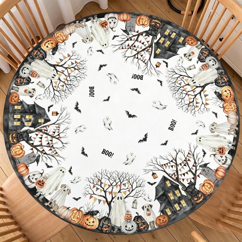 Halloween Round Table Cover Waterproof Oilproof Stretch Fitted Tablecloth Pumpkin Ghost Print Wipeable Table Protector Home Party Holiday Dining Decor