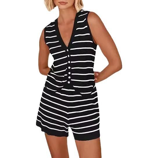 Summer Women's Casual Striped Tie Cardigan Single Breasted Knit Suits