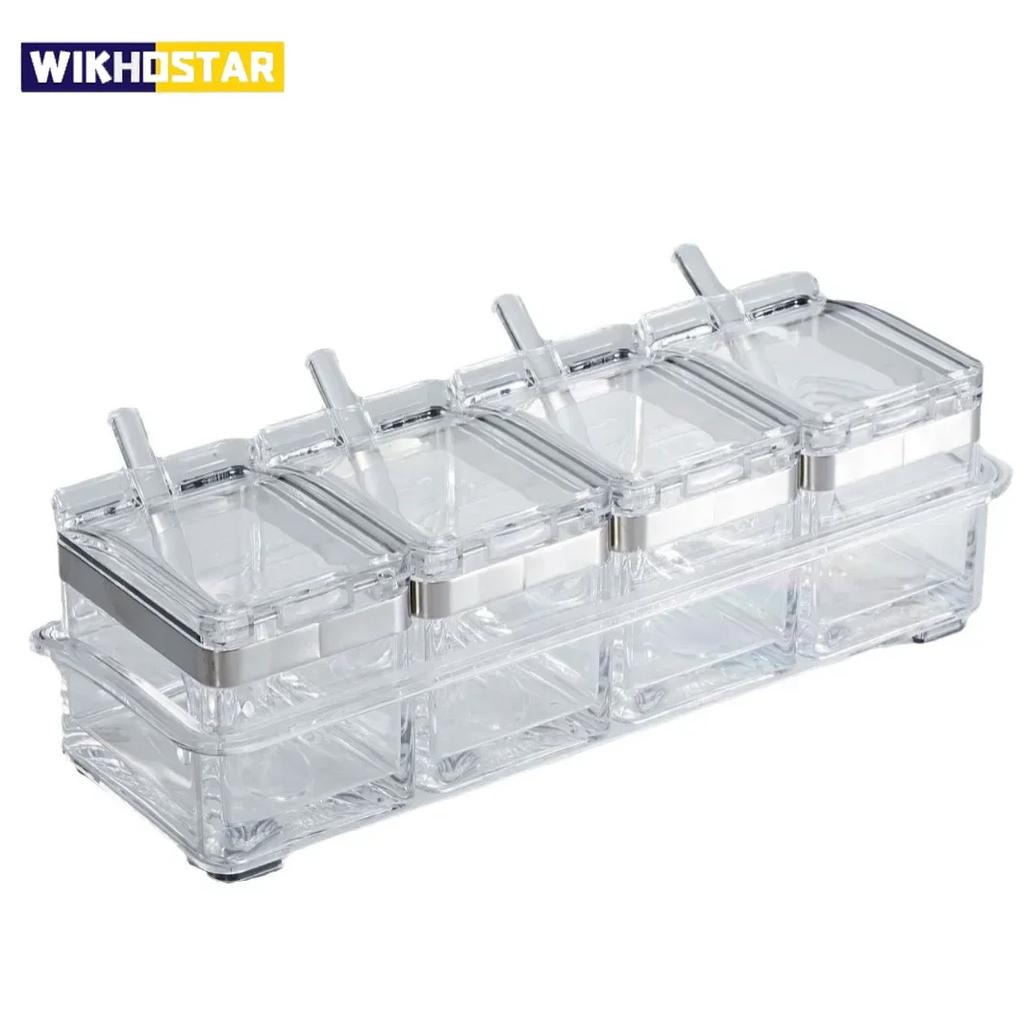 Pudełko na przyprawy z czterema przegródkami, kryształowy pojemnik do przechowywania z łyżeczką, pokrywką i podstawą do przechowywania, używane do soli, cukru i pieprzu