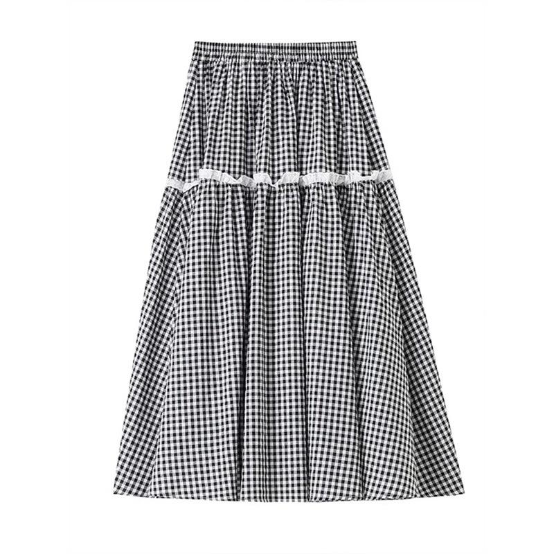 Sommer neuer Spitzen-Patchwork-karierter Rock Damen Koreanisch, vielseitiger lässiger Stil A-Linien-Langrock