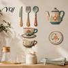 Wooden Tableware Wall Stickers 7Pcs 2D Flat Kitchen Decor, Retro Teapot Themed Peel Stick Dining Room Decor Art, Self?Adhesive Plaques for