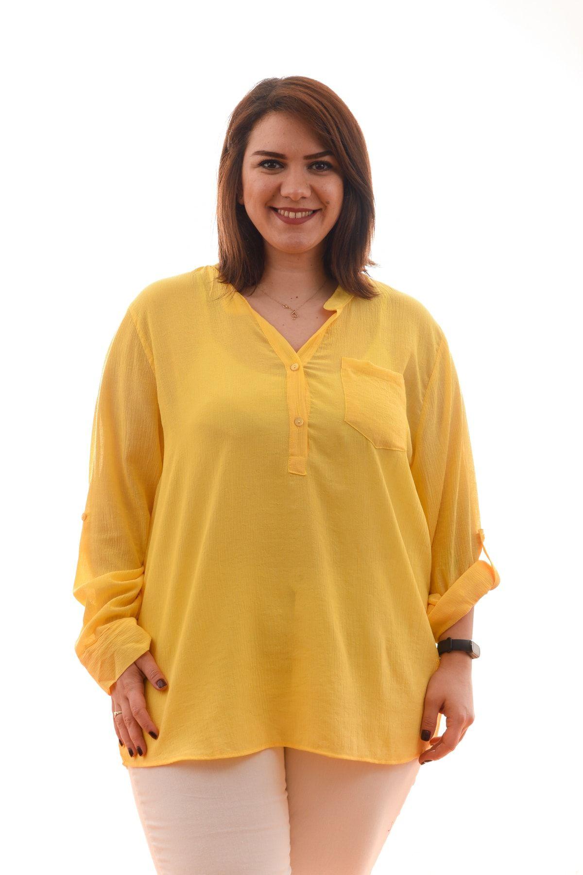 

Women s Big Size Blouse Yellow Full Collar Plus Size Blouse 2XL