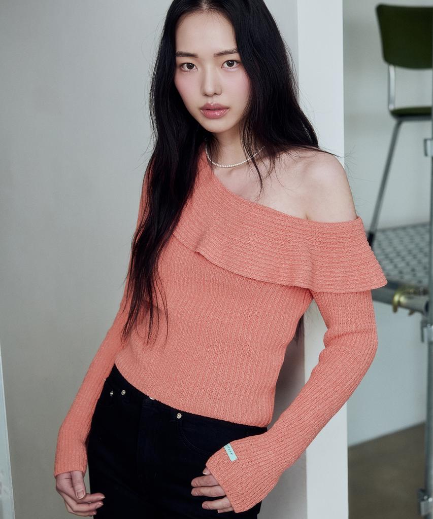 INSTANTFUNK Frill Off-Shoulder Knit - Salmon