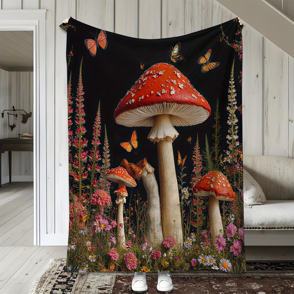 1 Stück Sdoo Flanelldecke, Lebendiger Pilz- und Blumen-Schmetterlingsdruck, Warme und weiche Polyester-Überwurfdecke für Sofa, Bett, Auto, Büro,