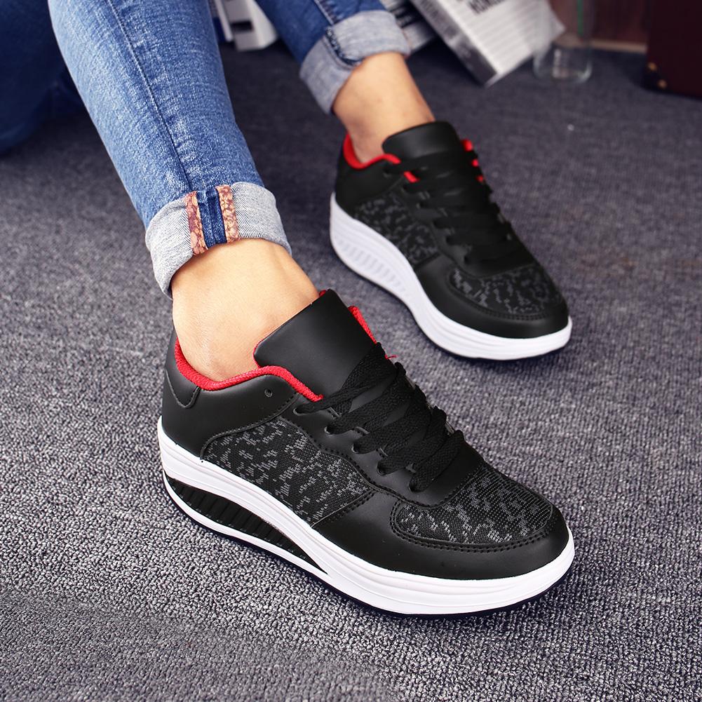Women Thick-soled Sports Shoes PU Leather Outdoor Sneakers Non-slip Rocker Shoes Fashion Platform Shoes