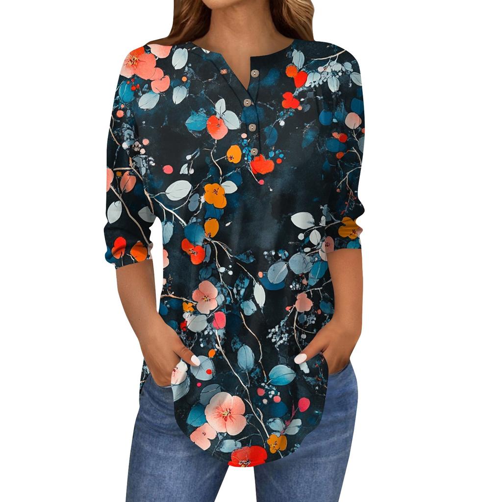 Women's Loose Button Collar Vintage Floral Print Three-quarter Sleeve T-Shirt Shirt