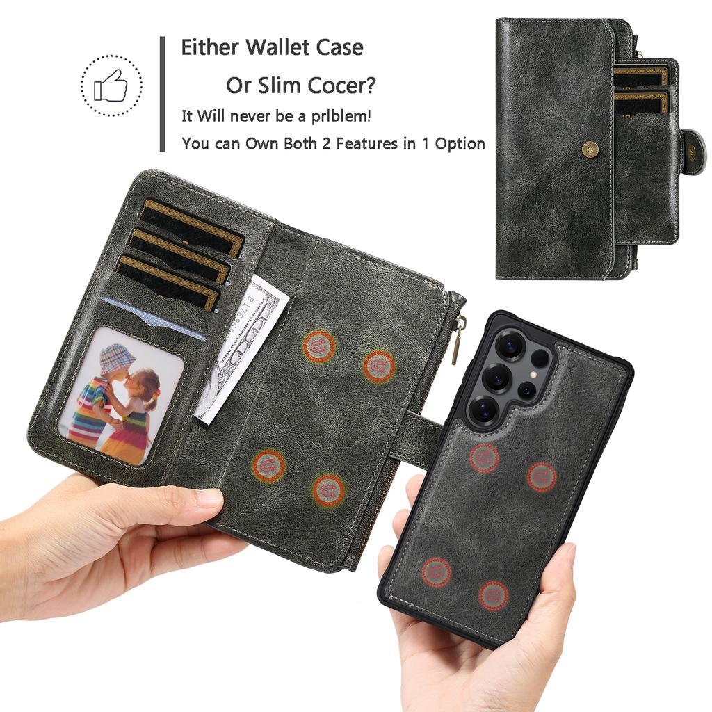 For Samsung Galaxy S25 Ultra Phone Case PU Leather Zipper Wallet Detachable Cover