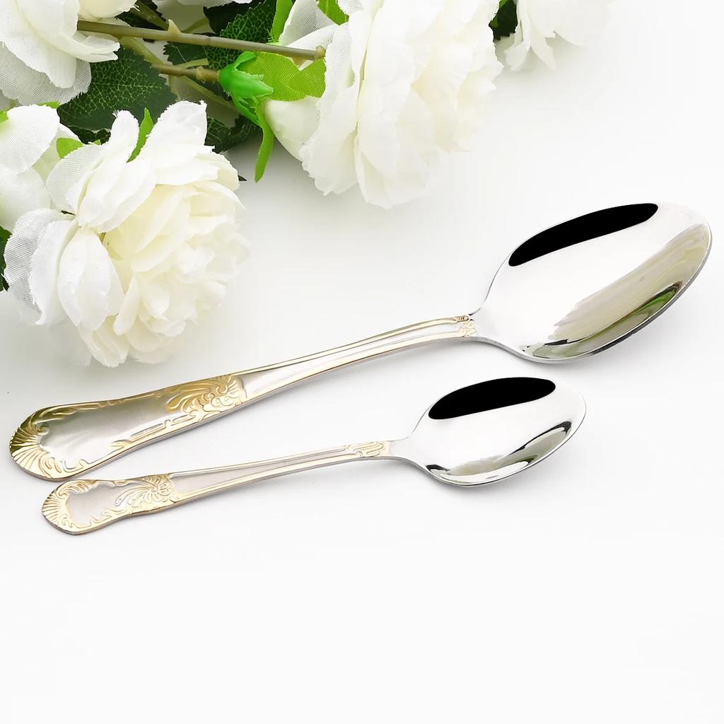 6People Vintage Gold Cutlery Set 18/10 Stainless Steel Tableware Set Knife Fork Tea Spoon Dinnerware Silverware Kitchen Flatware