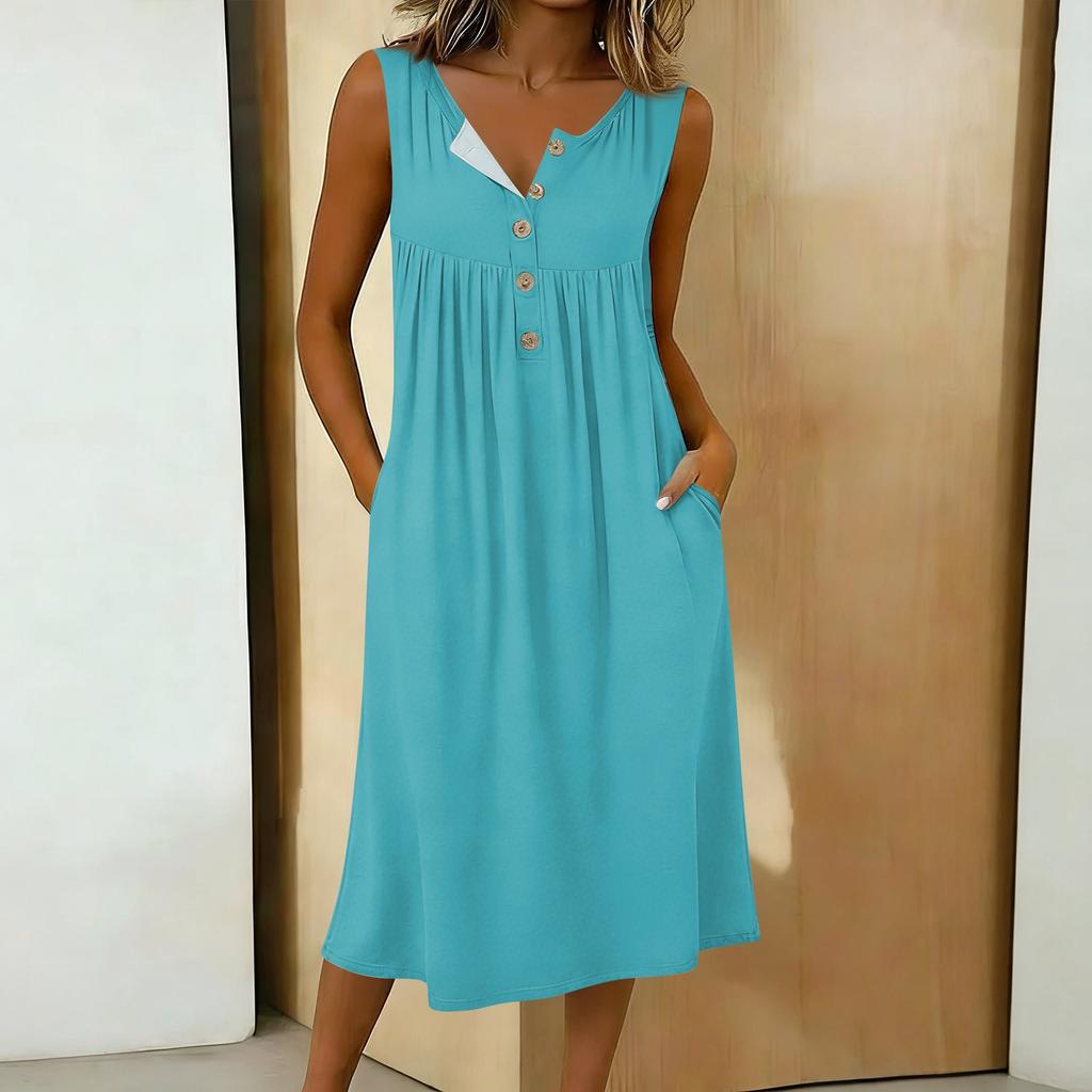 Women's Casual Sleeveless Button-down Mid-length Dress