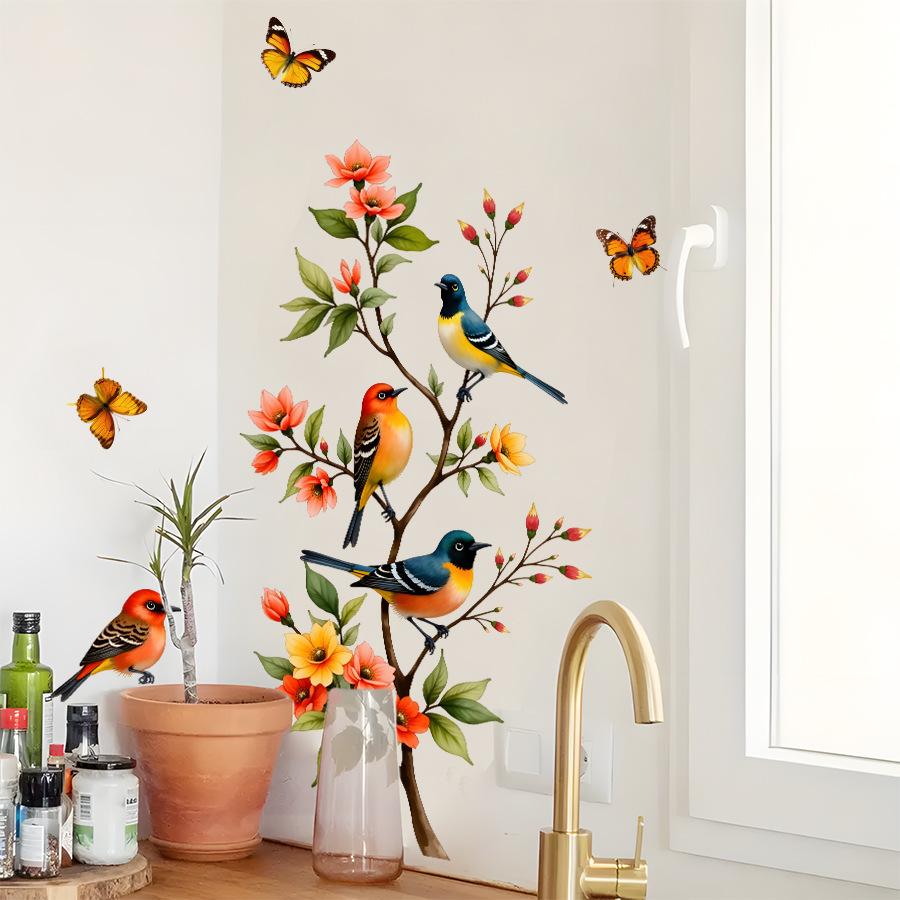 Watercolor Butterfly Magpie Kapok Tree Window Sticker Static Cling Decal for Home Glass Decoration