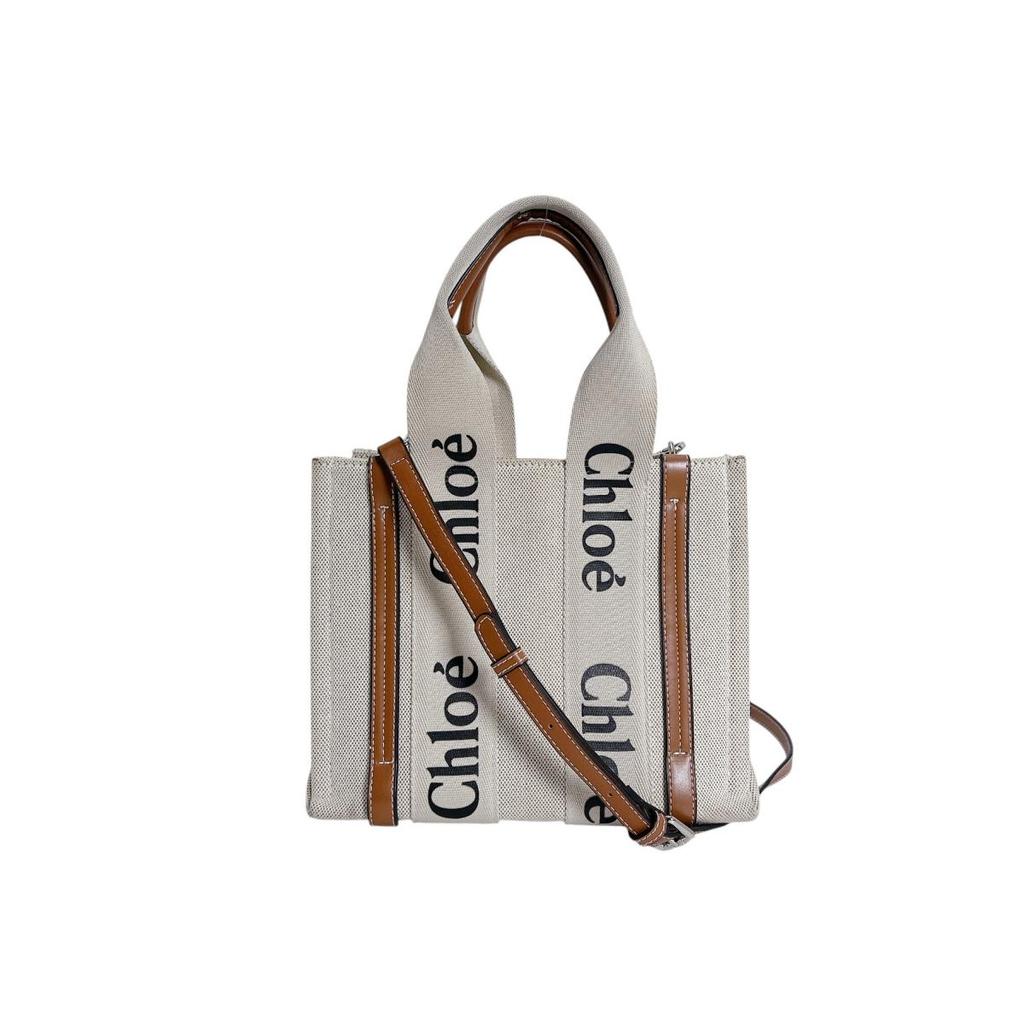 Chloe Shiny calfskin Woody Handbag linen beige Women Used