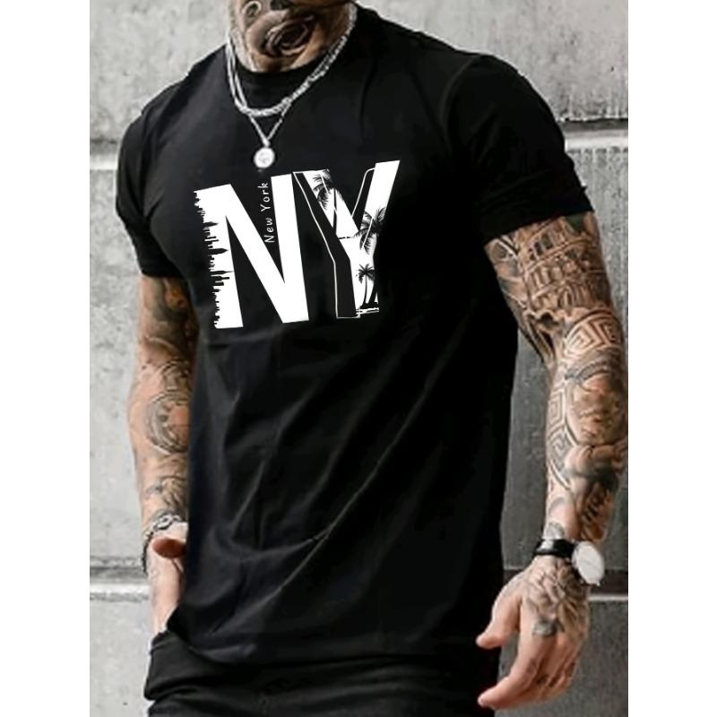Camiseta deportiva casual de verano para hombre, holgada, talla grande, con estampado de letras NY, cómoda, de cuello redondo, manga corta