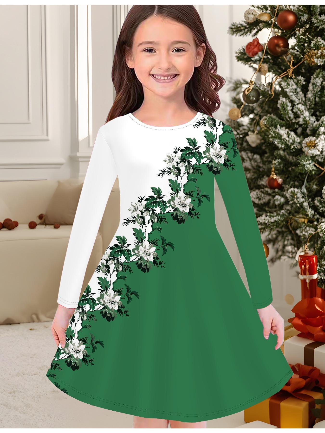 

Модное осенне-зимнее платье для девочек, платье-футболка с длинным рукавом и круглым вырезом, с 3D цветочным принтом, повседневное, универсальное, рождественская одежда 170 темно-зеленого
