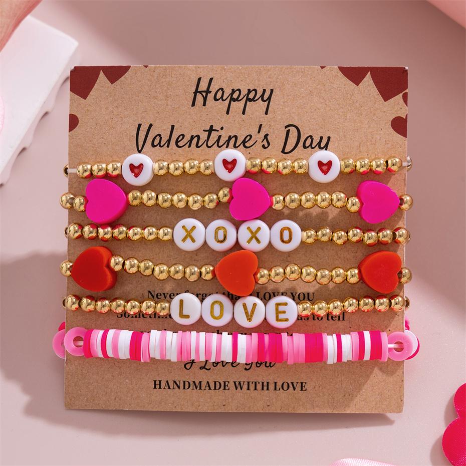

Happy Valentine s Day Card Colorful Polymer Clay Soft Chain Bracelets for Women Kpop Two Heart Bangles Couple Friends Jewelry