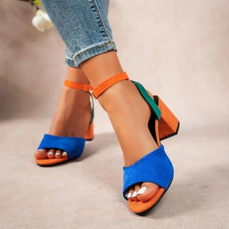 Colored Plus Size High-heeled Sandals for Women 2025 New Round Toe Fashionable Thick Heel Sandals Shoes for Women