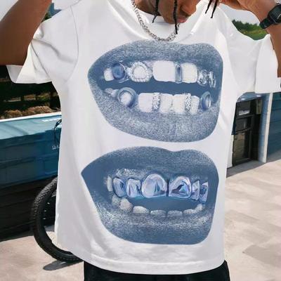 Tooth Drill Mouth Trendy Brand Short Sleeve Loose Hip Hop Street Casual Couple T-shirt Fun Creative TEE Men's Top