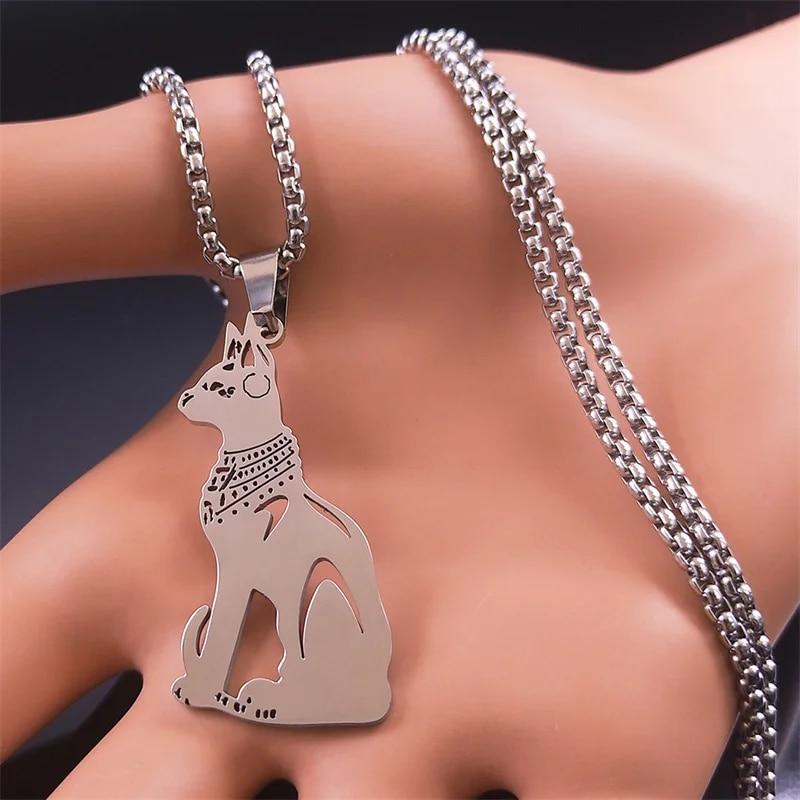 Egyptisk kattegudinne Bastet Halskjede Rustfritt stål Sølvfarge Ancient Egypt Vintage Halskjeder Smykker