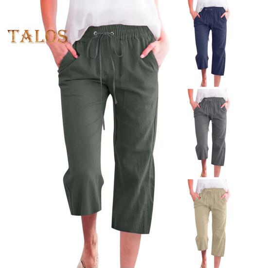 Pantaloni tăiați pentru femei, de culoare uni, pantaloni largi, la jumătatea gambei, cu talie elastică Pantaloni casual în stilul navetei