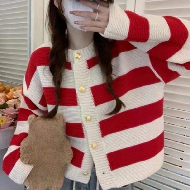 Striped Short Women's Knitted Cardigan Round Neck Single Breasted Famale Soft Sweaters Korean Style Fashionable Casual Ladies Coat