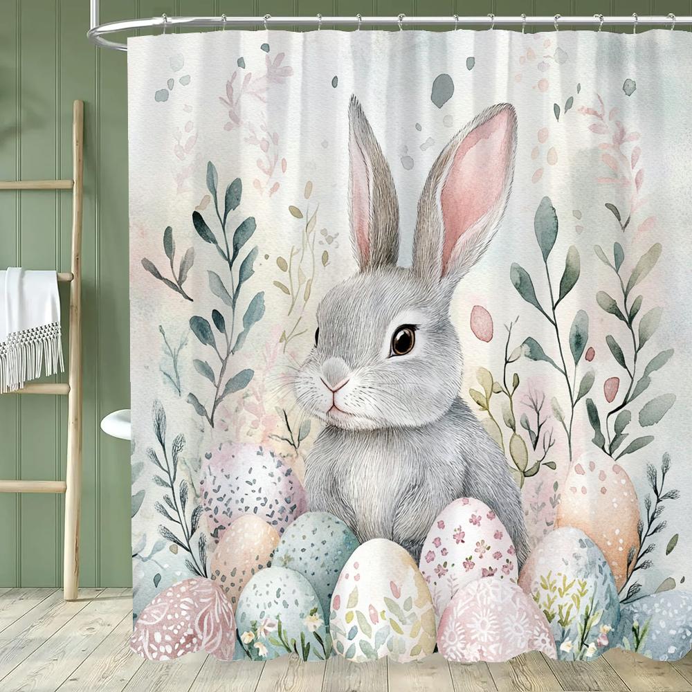 Happy Easter Shower Curtain,Egg and Rabbit Cartoon Printed Polyester Fabric Decorative Bathroom Curtain, Home Curtain with Hooks