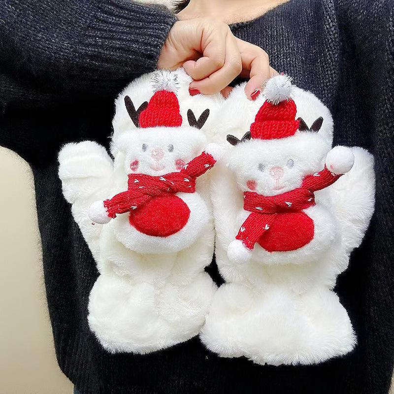 Women's Cute Snowman Plush Mittens - Warm, Fluffy, Windproof for Autumn/Winter