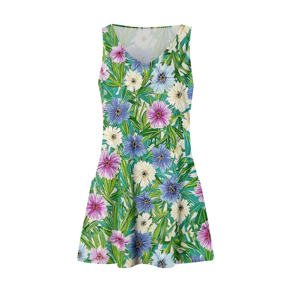 Women's Casual Fashion V-neck Sleeveless Floral Print Side Pocket Dress
