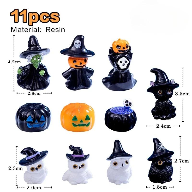 12PC Halloween Ornament Cartoon Witch Ghost Pumpkin Figurine Micro Landscape Dollhouse Model Car Interior Desktop Decoration