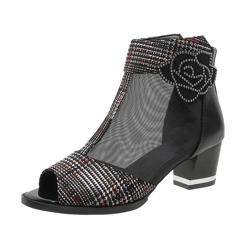 Women's High Heels 2024 New Open Toe Sexy Outdoor Matching Hollow Breathable Design Summer Fashion Mesh Zipper Women's Boots