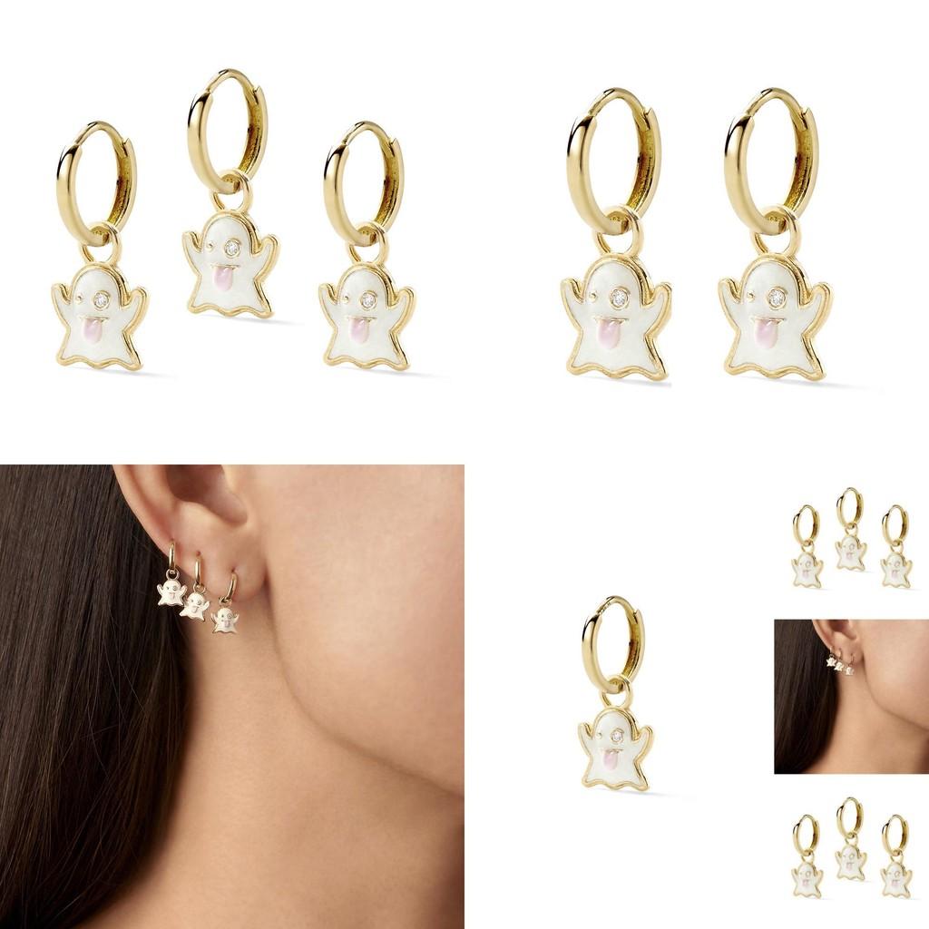 Elegant White Diamond-studded Ghost Alloy Pendant Earrings Set For Multiple Piercings