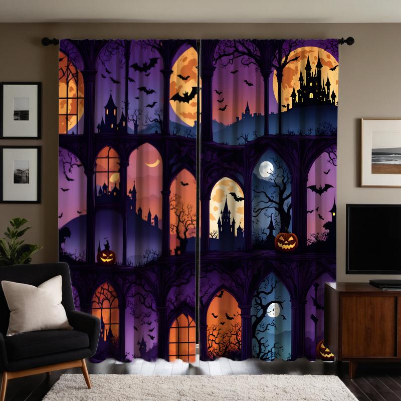 2pcs HD Halloween Night Jack-o '-lantern Castle Decoration Curtains Purple Tie Digital Printed Curtains Home Decoration Style