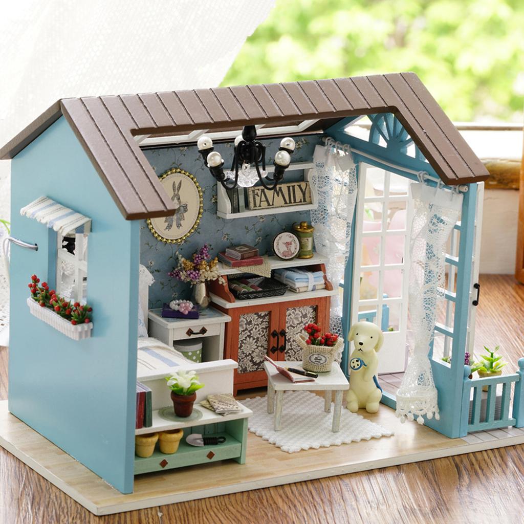 DIY Miniatur-Puppenhaus-Bausatz Realistisches Mini 3D-Holzhaus Zimmer Handwerk mit Möbeln LED-Lichtern Weihnachts-Geburtstagsgeschenk
