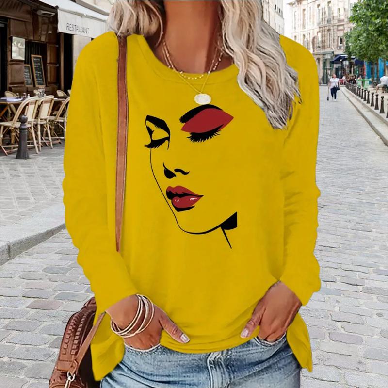 Topper for kvinner Sexy trykk av ansiktstrekk Rund hals Langermet T-skjorte Høst Casual Slim Pullover Dame Langermet Topp
