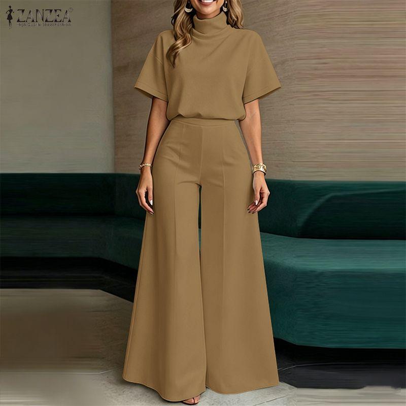 ZANZEA Women Short Sleeve Blouse and Wide Leg Pants Casual Two Piece Suit Sets