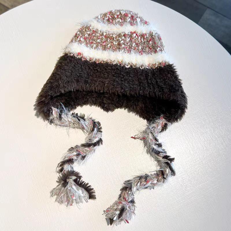 Autumn and Winter Striped Splicing Wool Hat Women's Velvet Thickened Warm Ear Protection Big Head Circumference Lei Feng Knitted Hat