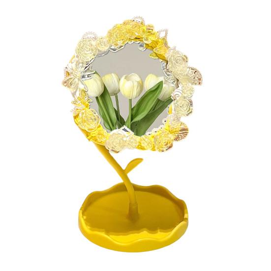 DIY Handmade Flower Desk Mirror with Storage Tray Rotatable Desktop Vanity Mirror Multi-purpose Women Makeup Table Mirror Jewelry Organizer
