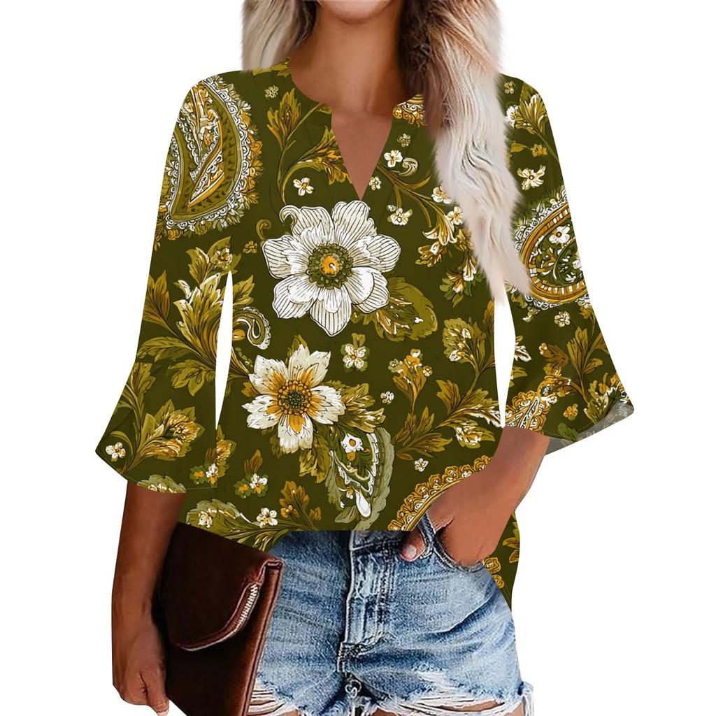 Women's Casual Fashion Floral Printed Cropped Sleeve Round Neck Top