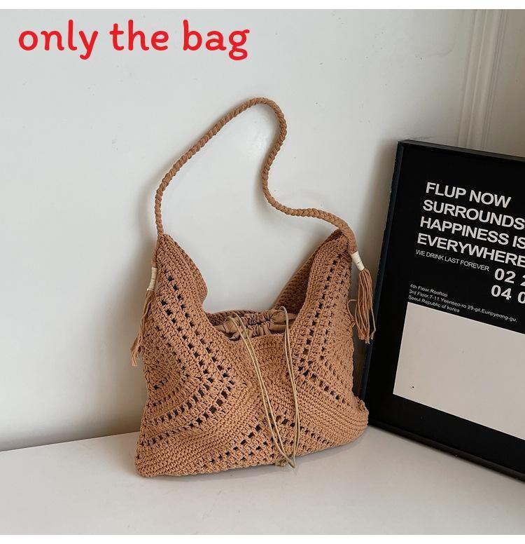 Woven Beach Bag With Large Capacity Tassel Drawstring For Summer Vacation And Casual Travel