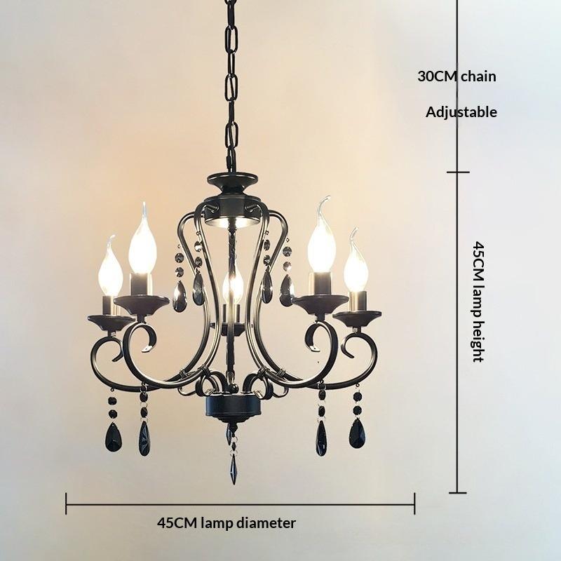 Retro Candle Pendant Light, Living Room Light, Dining Room Bedroom, Simple Rustic Style, Wrought Iron Black Crystal Lighting Fixture