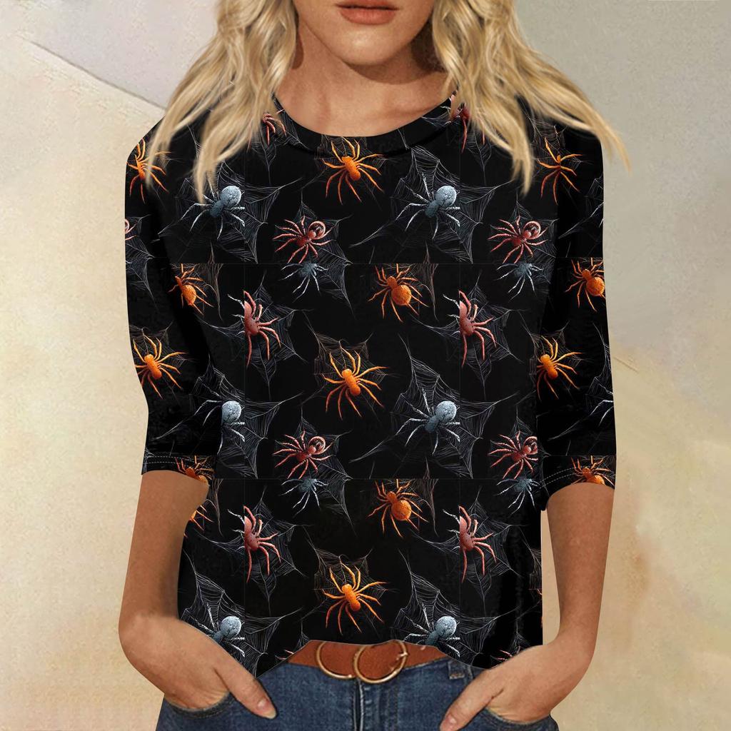 Dámské módní ležérní tričko s tříčtvrtečním rukávem a halloweenským potiskem, s kulatým výstřihem