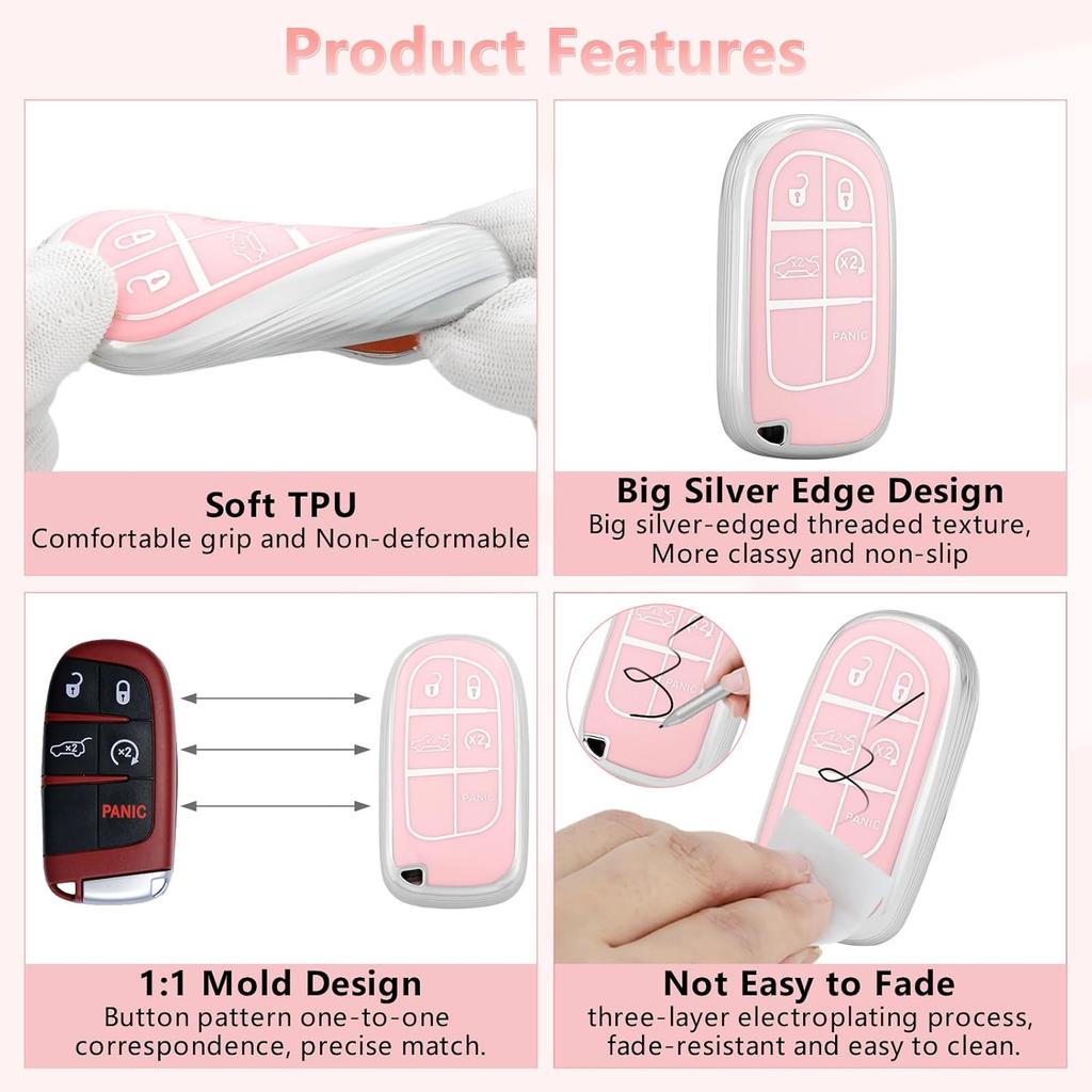 PIFOOG Pink Key Fob Cover for Jeep Cherokee Grand Cherokee Compass Renegade Bling Keychain 5 Buttons Car Keys Case Shell Full Covers Protector Girly