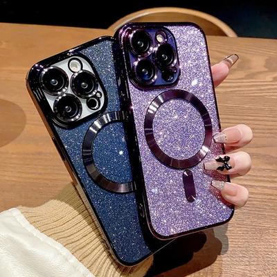 Luxury Electroplate For Magsafe Wireless Charge Phone Case For iPhone 17 Air 16 15 13 12 11 Pro Max 14 Soft Bumper Glitter Cover