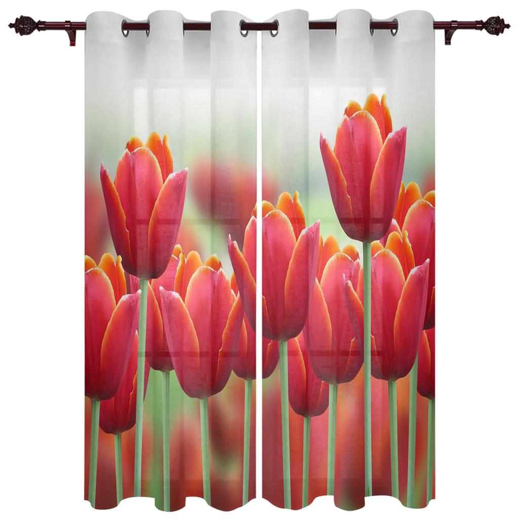 Spring Tulip Flower Plants Window Curtain Living Room Luxury Valance Curtain for Bedroom Home Kitchen Decor Curtain