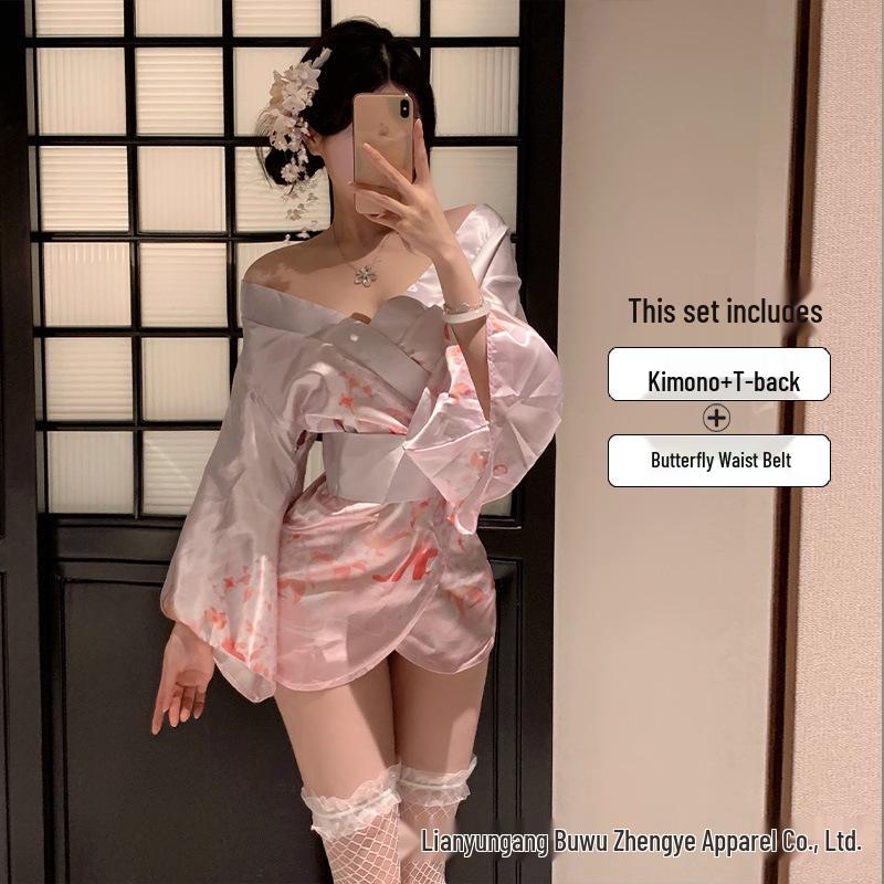 Sexy Deep V Open-Front Japanese Kimono Pajama Set for Women