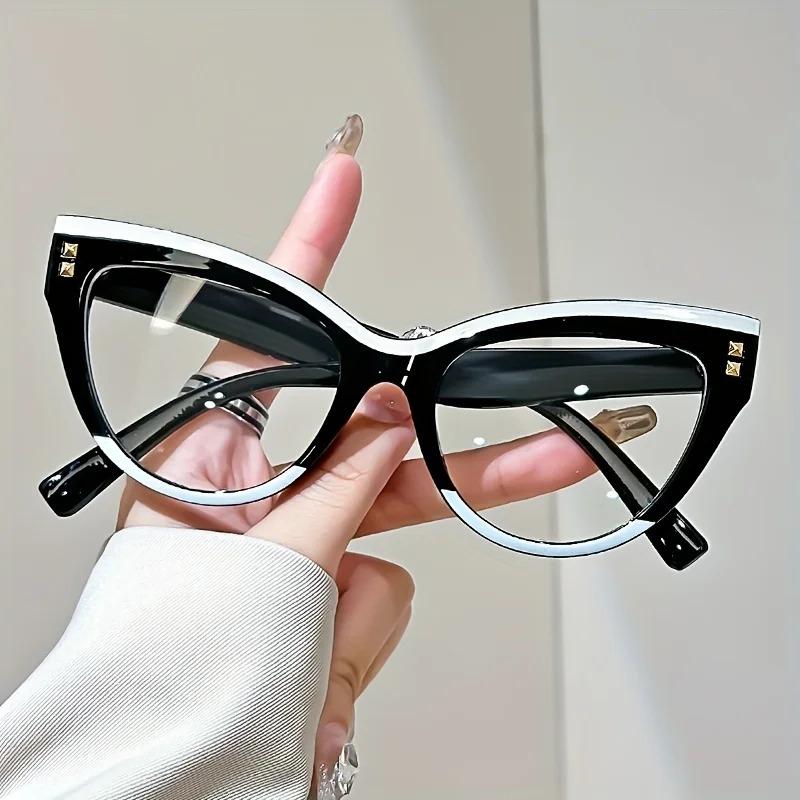 Fashion Rivet Anti-blue Light Cat Eye Reading Presbyopia Glasses Women Oversized FULL Frame Trendy Far Sight Eyeglasses