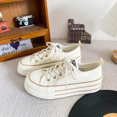 H1323 Elastic Band/two Shoelaces, Popular Thick-soled Canvas Shoes, Women's Round Head White Shoes, Versatile and Thin Board Shoes